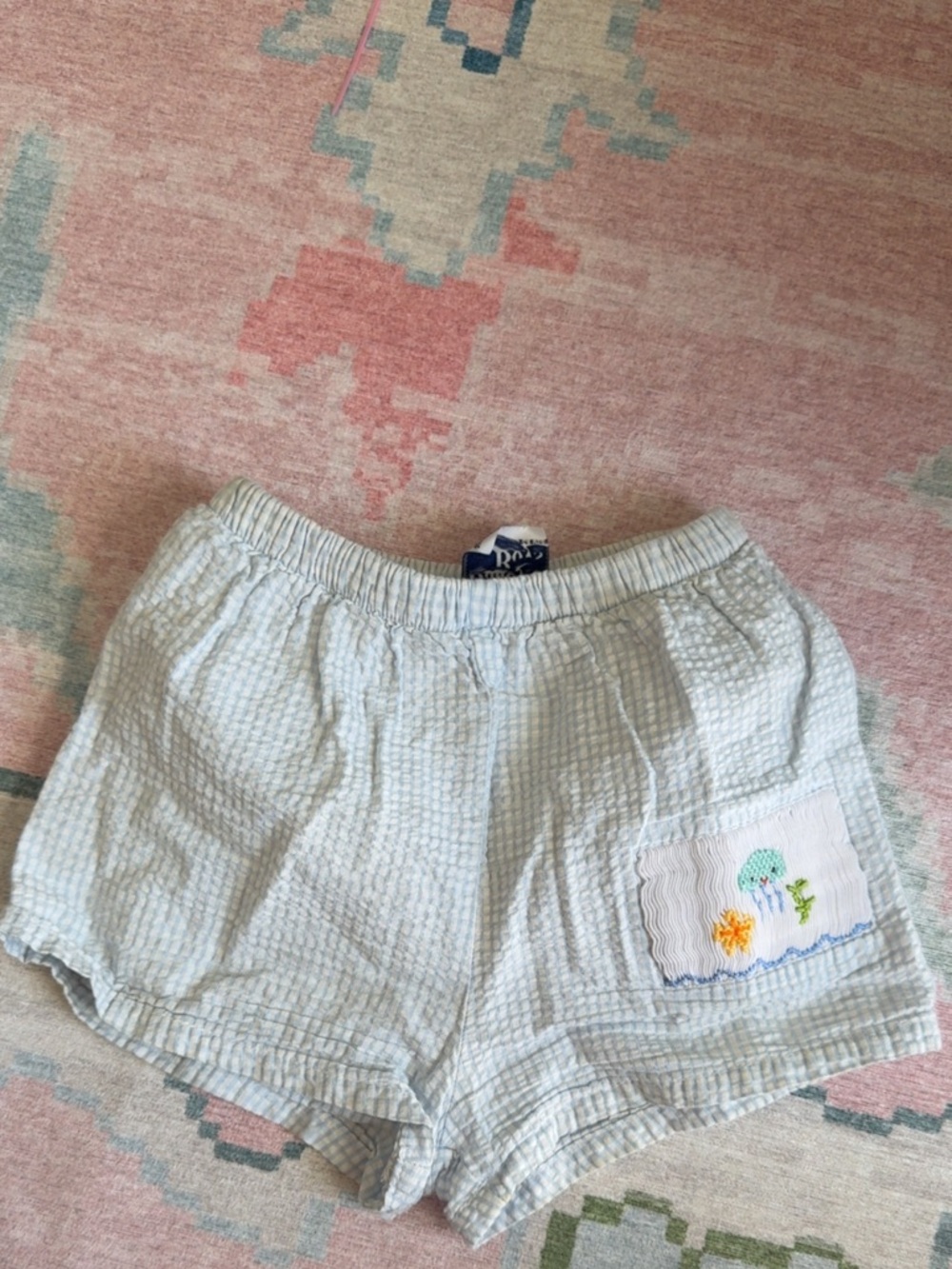 Baby Light Blue Seersucker Bathing Suit Shorts with Ocean Embroidered Pocket